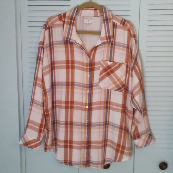 TRUE CRAFT 1X 100% COTTON IVORY WOVEN GAUZY 2-LAYER LIGHT PLAID BUTTON DOWN - Picture 1 of 4
